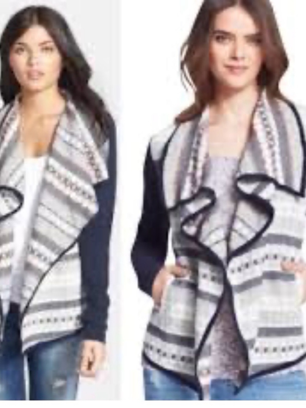 Lucky Lotus by Lucky Brand Black and Gray Striped AzteOpen-Front Draped Cardigan